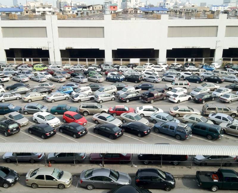An aerial view of a large parking lot